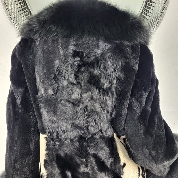 DIAGRAM~XS~BLACK ANIMAL PRINT GENUINE FOX FUR REAL CURLY LAMB MINK RABBIT COAT - Picture 14 of 16